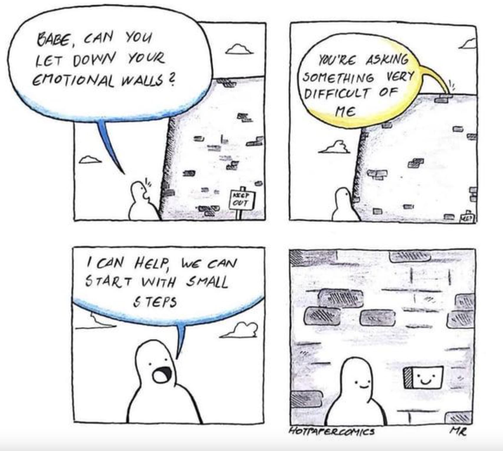 hot paper comics emotional wall - Babe, Can You Let Down Your Emotional Walls? You'Re Asking Something Very Difficult Of Me Out I Can Help, We Can Start With Small Steps U Hotpapercomics Mr